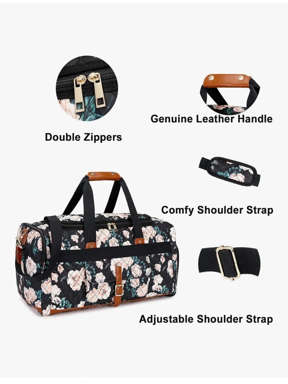 Floral Quilted Weekender Duffle Bag - Black with Blush Flowers - Picture 7 of 7